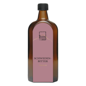 Braune Glasflasche mit einem Etikett für Schwedenbitter, das den Namen und die Marke zeigt.