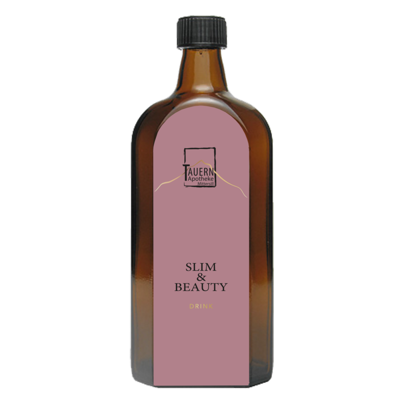 Braune Glasflasche mit einem Etikett, das "SLIM & BEAUTY" und den Schriftzug "TAUERN Apotheke" zeigt.