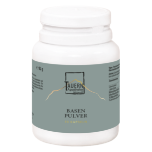 Weißes Fläschchen mit grauem Etikett, auf dem 'TAUERN Apotheke' und 'Basen Pulver 90 Kapseln' steht.