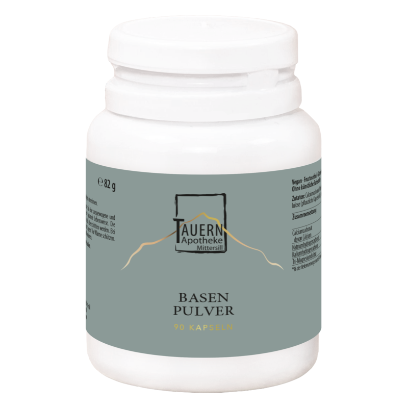 Weißes Fläschchen mit grauem Etikett, auf dem 'TAUERN Apotheke' und 'Basen Pulver 90 Kapseln' steht.