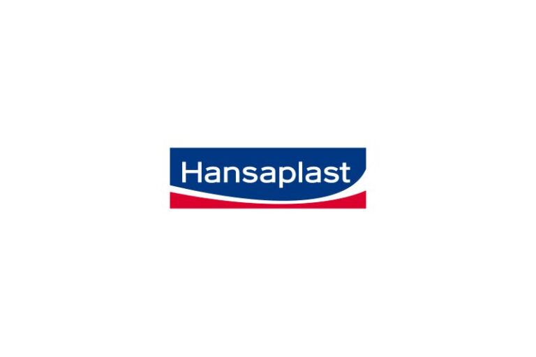 Das Logo von Hansaplast zeigt den Markennamen in weißer Schrift auf blauem Hintergrund und rotem Abschluss.
