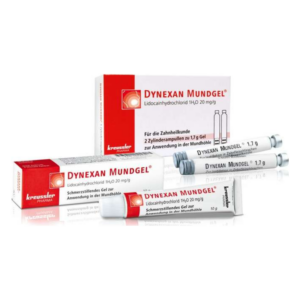 Verpackung von Dynexan Mundgel mit zwei Zylinderampullen und einer Tube, die Schmerzmittel für die Mundanwendung enthält.