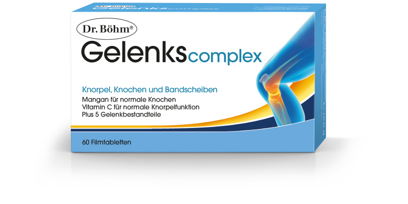 Verpackung von Dr. Böhm Gelenkscomplex für Knorpel, Knochen und Bandscheiben mit 60 Filmtabletten.