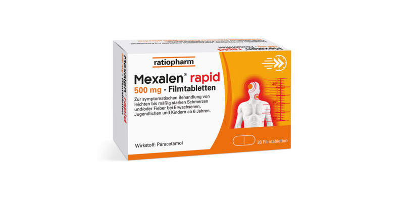 Packung Mexalen rapid 500 mg Filmtabletten zur Behandlung von Schmerzen und Fieber, mit orangefarbenem Design.