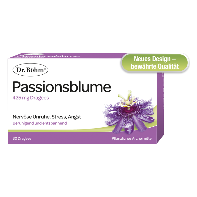 Packung mit 425 mg Passionsblume Dr. Böhm, fördert Entspannung bei nervöser Unruhe und Stress.