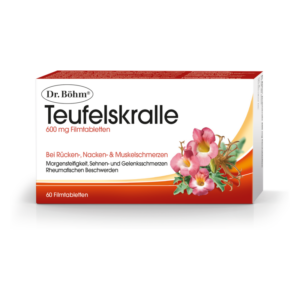 Verpackung von Dr. Böhm Teufelskralle 600 mg Filmtabletten mit Abbildung einer Pflanze und Hinweisen zu Anwendungsgebieten.