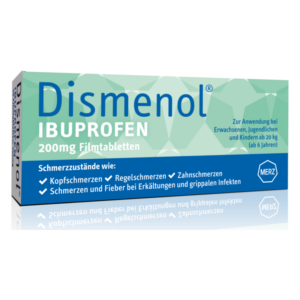 Verpackung von Dismenol Ibuprofen 200mg Filmtabletten für verschiedene Schmerzarten bei Erwachsenen und Kindern ab 6 Jahren.