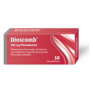 Packung Dioscomb 500 mg Filmtabletten in rotem Design mit Mikronisierten Flavonoiden.