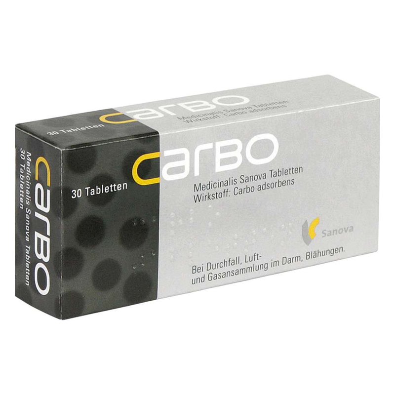Packung mit 30 Carbo-Tabletten zur Behandlung von Durchfall und Blähungen, Hersteller Sanova.