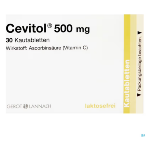Verpackung von Cevitol 500 mg Kautabletten mit Ascorbinsäure (Vitamin C), laktosefrei.