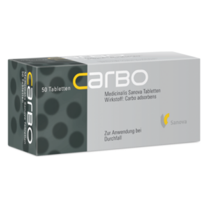 Packung mit 50 Sanova Tabletten zur Behandlung von Durchfall, mit schwarzer und grauer Gestaltung, Wirkstoff Carbo adsorbens.