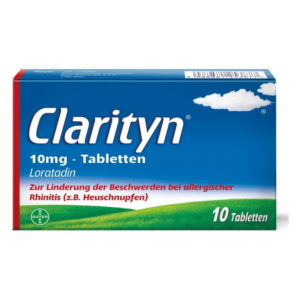 Verpackung von Clarityn 10mg Tabletten zur Linderung allergischer Rhinitis, mit grünem und blauem Design.