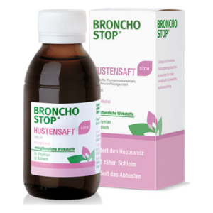 Broncho Stop Hustenbalsam in einer 120 ml Flasche, ohne Alkohol, mit umgebender Verpackung in rosa und weiß.