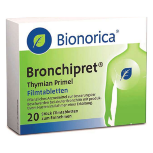 Eine Verpackung von Bionorica Bronchipret Filmtabletten mit Hinweis auf pflanzliche Inhaltsstoffe und Anwendung bei Bronchitis.