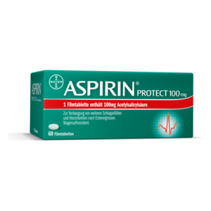 Packung von ASPIRIN Protect 100 mg mit 60 Filmtabletten zur Herzvorsorge, farbige Gestaltung mit einem Herzsymbol.