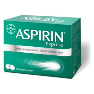 Aspirin Express Packung mit 20 überzogenen Tabletten, enthält Acetylsalicylsäure, grüne Verpackung.