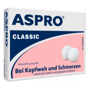 Packung ASPro Classic mit 60 weißen Tabletten zur Linderung von Kopfweh, Schmerzen und Fieber.