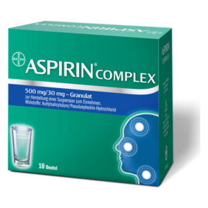 Packung von Aspirin Complex Granulat zur Herstellung einer Suspension, enthaltene Wirkstoffe sind Acetylsalicylsäure und Pseudoephedrin.