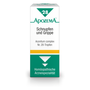 Packung mit Apozema Tropfen für Schnupfen und Grippe, weiß mit grünen und gelben Elementen, homöopathische Arzneispezialität.