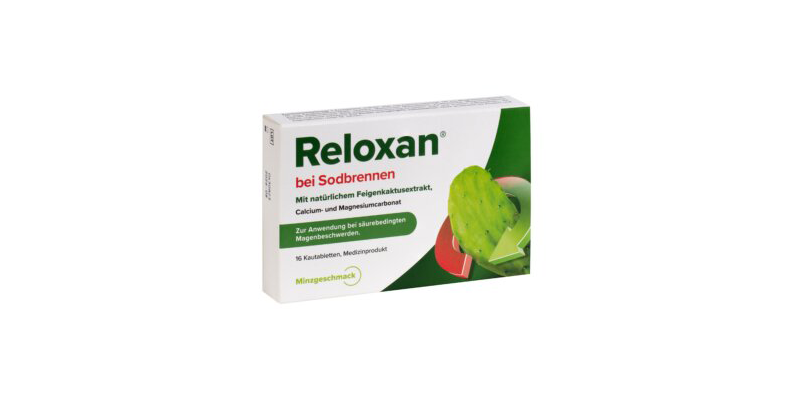 Packung Reloxan bei Sodbrennen mit Feigenkaktusextrakt, Calcium und Magnesiumcarbonat, 16 Kautabletten.
