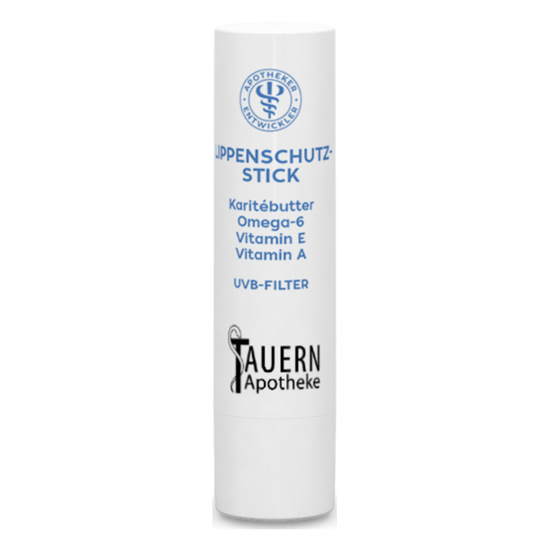 Lippenschutz-Stick mit Inhaltsstoffen wie Karitébutter, Omega-6, Vitamin E und A, UVB-Filter.