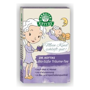 Verpackung für Bio-Süße Träume-Tee von Dr. Kottas mit geschäftigem Illustrationsmotiv eines Kindes und entspannender Nachtgestaltung.
