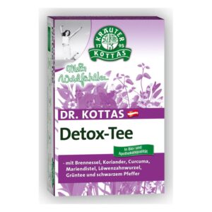 Verpackung von Dr. Kottas Detox-Tee in Bio- und Apothekenqualität, mit Kräutern wie Brennnessel und Curcuma.