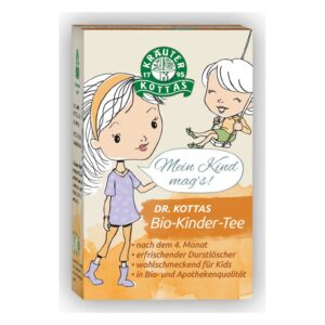Packung mit Bio-Kinder-Tee von Dr. Kottas, kindgerechtes Design und Hinweise zur Verwendung ab dem 4. Monat.