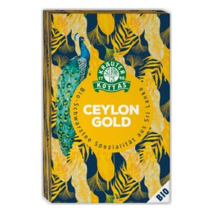 Verpackung des Bio-schwarzen Tees "Ceylon Gold" mit einem Pfau und tropischen Pflanzenmotiven in Gelb und Blau.