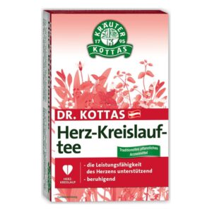 Packung des Dr. Kottas Herz-Kreislauf-Tees, rote Blumenillustrationen und beschreibende Texte auf weißem Hintergrund.
