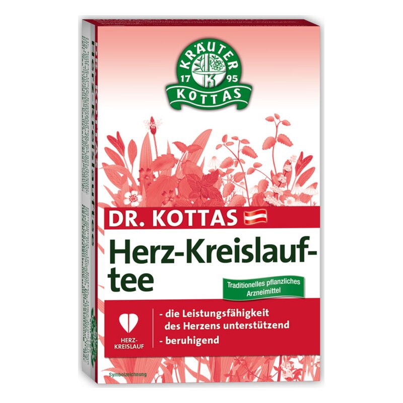 Packung des Dr. Kottas Herz-Kreislauf-Tees, rote Blumenillustrationen und beschreibende Texte auf weißem Hintergrund.
