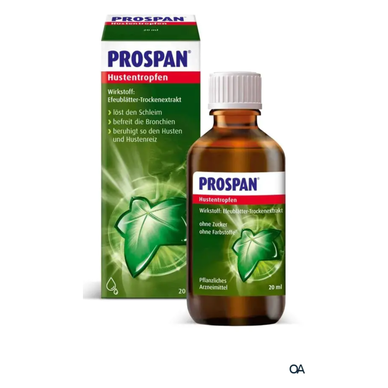 Eine Flasche Prospan Hustentropfen mit einer grünen Verpackung, die Efeublätter zeigt, für pflanzliche Arzneimittel.