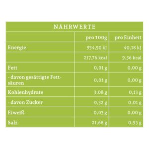 Tabelle mit Nährwertangaben pro 100g und pro Einheit, in grüner Schrift auf hellgrünem Hintergrund.
