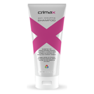 Röhre mit Anti-Schuppen-Shampoo, silberner Farbe mit pinkem X, beschreibt die Wirkung auf Haar und Kopfhaut.