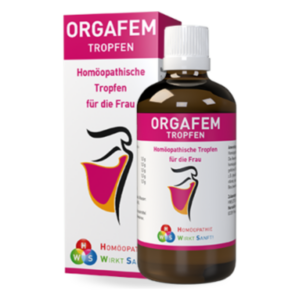 Braune Flasche mit homöopathischen Tropfen für Frauen, umgeben von einer bunten Verpackung mit dem Schriftzug "ORGAFEM".