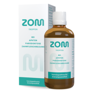 Braune Flasche mit Tropfer und weißer Verpackung, wirkt gegen Aphten und Zahnfleischentzündungen.