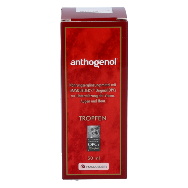 Rote Verpackung mit dem Markennamen 'anthogenol' und dem Hinweis auf Nahrungsergänzungsmittel für Venen, Augen und Haut.