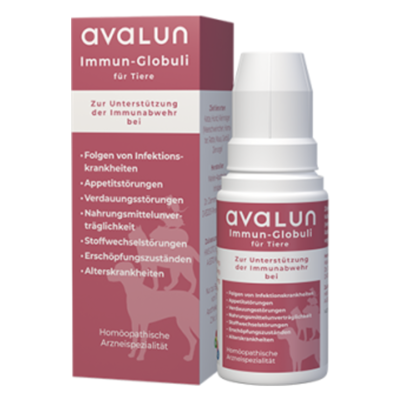 Flasche mit Immun-Globuli für Tiere, um die Immunabwehr zu unterstützen, neben farbiger Verpackung.