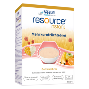 Verpackung von Nestlé Resource Instant Mehrkornfrüchtebrei mit schnellen Zubereitungshinweisen und Nährwertangaben.