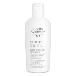 Weiße Flasche mit Körpermilch von Louis Widmer, 10% Urea, für sehr trockene Haut, mit klarer Beschriftung.