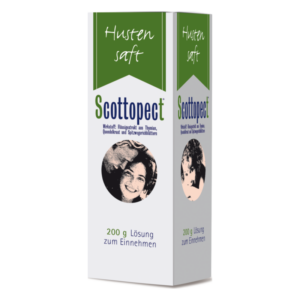 Verpackung eines Hustensafts namens Scottopect mit einem Bild von einer lächelnden Person auf der Vorderseite.