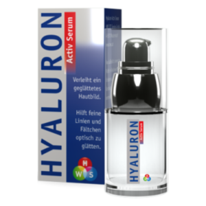 Transparente Flasche mit Hyaluron-Serum und farbigem Umkarton, der Anti-Aging-Eigenschaften beschreibt.