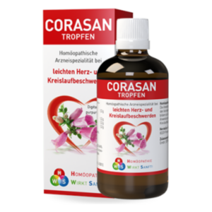 Braune Flasche mit Tropfen und rotem Karton, beschriftet mit 'CORASAN Tropfen' zur Unterstützung bei Herz- und Kreislaufbeschwerden.