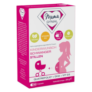 Verpackung eines veganen Nahrungsergänzungsmittels für Frauen mit dem Fokus auf Kinderwunsch, Schwangerschaft und Stillzeit.