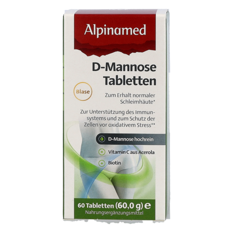 Verpackung von D-Mannose Tabletten für die Unterstützung des Immunsystems und normaler Schleimhäute.