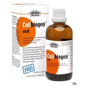 Flasche mit Colibiogen oral, einem medizinischen Lebensmittel in einer Verpackung für spezielle diätetische Zwecke.