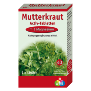 Verpackung von Mutterkraut Activ-Tabletten mit Magnesium, grüne Kräuterillustration auf Vorderseite, Nahrungsmittelergänzung.