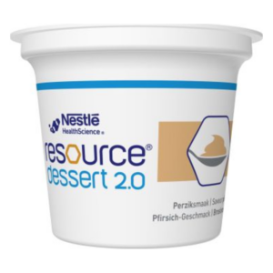 Tasse mit Pfirsich-Geschmack, Inhalt ist ein Dessert von Nestlé Health Science mit gebrandetem Logo.