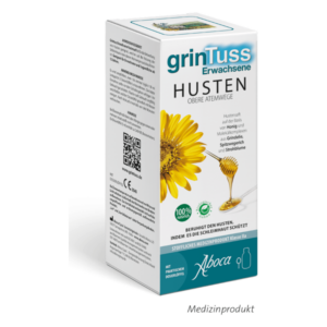 Packungsdesign von grinTuss für Erwachsene mit Hustenmittel, abgebildet mit einem Blütenmotiv und Honiglöffel.
