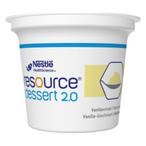 Becher mit Resource Dessert 2.0 von Nestlé in Vanillegeschmack, beschriftet mit Nährwertinformationen.